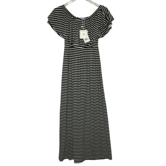 Mary Square XS NEW Black White Stripe Day Trip Ruffle Maxi Dress - Picture 1 of 7